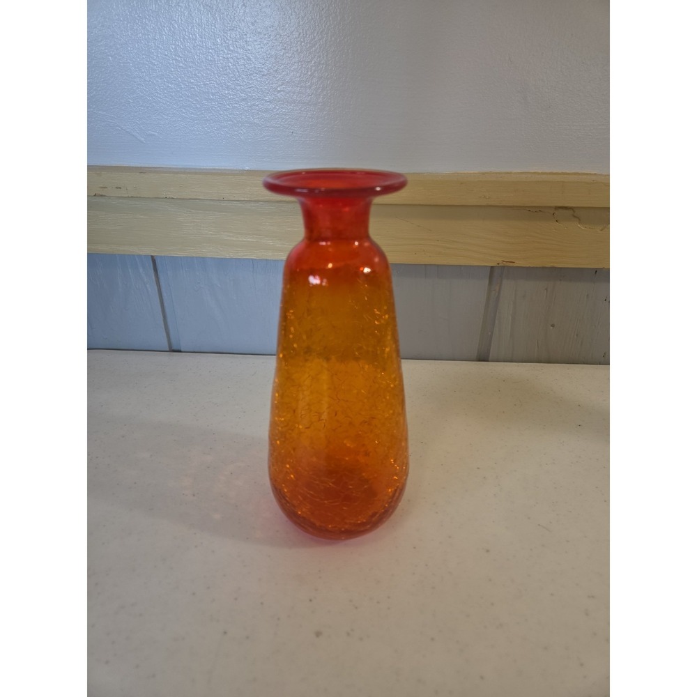 Blenko Style Tangerine Crackle Glass  Vase Rim Glows